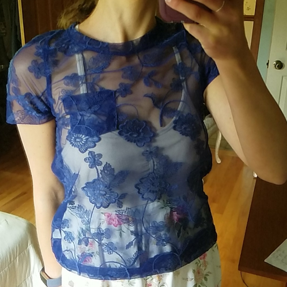 Blue Lace Short Sleeve Blouse w/ Scalloped Edge